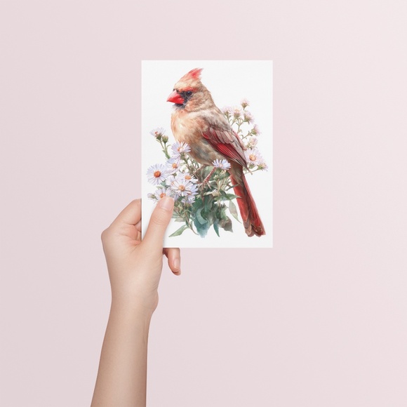 Watercolor Female Cardinal Bird with Flowers Wall Art Print Unframed - Picture 5 of 6